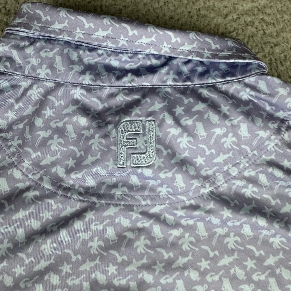 FootJoy Polo Shirt Lg All Over Print Summer Golf Performance Stretch Blue Shark